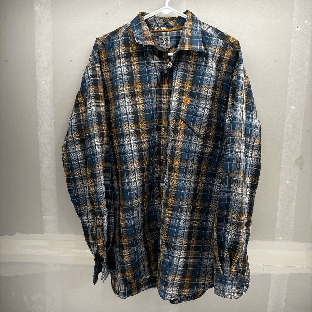 Cinch Performance Shirt Men's Large‎ Blue Orange Geometric Western Plaid